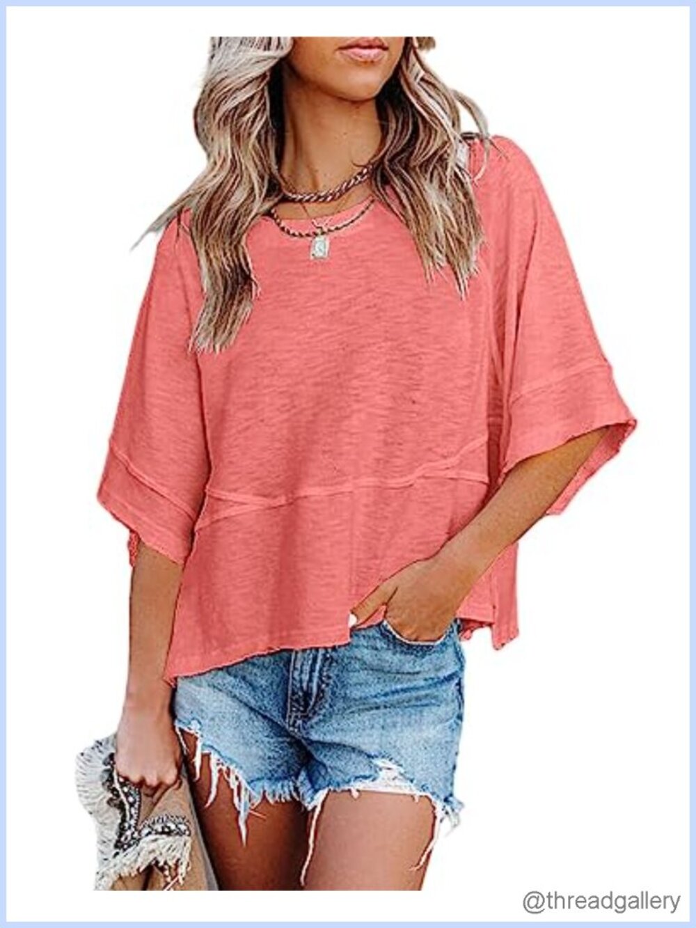 Womens 3/4 Sleeve T-Shirt Loose Fit Crewneck Casual Summer Top